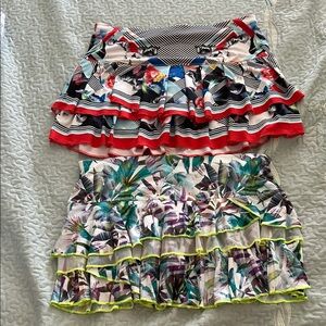 2 Lucky in Love tennis/golf loral and Striped Ruffle Skirts. Size M